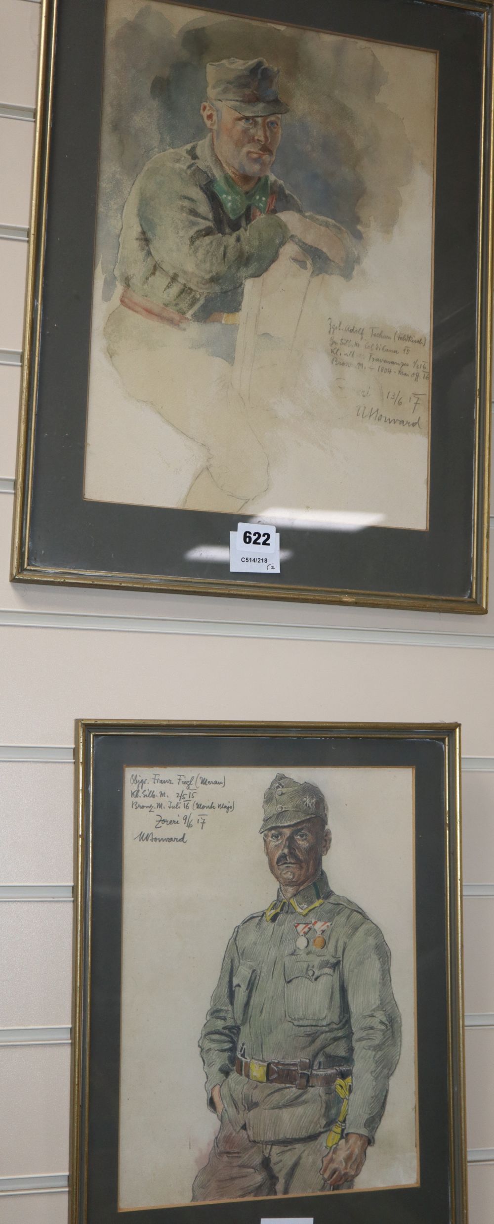 M. Houvard, watercolour and coloured pencil, two portraits of German soldiers, Adolph Tachan and Objgr. Frans Fiegl, signed and dated c